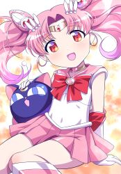 Rule 34 | 1girl, :d, arm support, back bow, bishoujo senshi sailor moon, blush, boots, bow, bowtie, chibi usa, choker, circlet, commentary, cone hair bun, covered navel, curtained hair, dot nose, double bun, earrings, elbow gloves, feet out of frame, gloves, gold circlet, gradient background, hair bun, hair ornament, happy, head tilt, heart, heart choker, highres, himehachi (hime8manga), holding, holding toy, jewelry, knee boots, knees together feet apart, leaning back, leotard, looking at viewer, luna-p, magical girl, medium hair, miniskirt, open mouth, orange background, parted bangs, pink boots, pink hair, pink sailor collar, pink skirt, pleated skirt, red bow, red bowtie, red eyes, sailor chibi moon, sailor collar, sailor senshi uniform, signature, sitting, skirt, smile, solo, toy, twintails, white background, white gloves, white leotard, yellow background, yellow choker