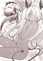 Rule 34 | 1boy, 1girl, blue archive, blush, dark-skinned female, dark skin, demon tail, doodle sensei (blue archive), groin, hair over one eye, hair ribbon, halo, hands up, highres, iori (blue archive), long hair, long tongue, looking at viewer, navel, nude, open mouth, parted lips, pointy ears, ribbon, sensei (blue archive), shimotsuki eight, sweat, tail, tongue, tongue out, twintails, very long hair