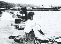 1girl absurdres bridge car greyscale highres hos1_i kneehighs monochrome motor_vehicle mountainous_horizon on_ground original outdoors pleated_skirt school_uniform shirt shoes shore short_hair short_sleeves sitting skirt sky sneakers socks solo