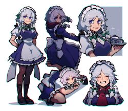 1girl black_dress blue_eyes braid breasts closed_mouth cup dress grey_hair holding holding_tray iganashi1 izayoi_sakuya looking_at_viewer maid maid_headdress multiple_views red_eyes red_scarf scarf short_hair side_braids simple_background smile teacup teapot touhou tray twin_braids white_background