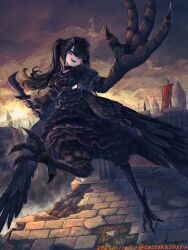 1girl bird_legs black_hair cloud cloudy_sky commentary_request dagger dusk fantasy feathered_wings full_body gothic_lolita grey_eyes harpy highres holding holding_dagger holding_knife holding_weapon knife lolita_fashion long_hair looking_at_viewer monster_girl original ruins sky smile solo taitannsouru talons town twilight weapon wings