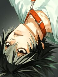 Rule 34 | 1boy, absurdres, bags under eyes, black eyes, black hair, death note, hair between eyes, hashtag-only commentary, highres, l (death note), leash, lips, male focus, nose, rtgo, shirt, solo, teeth, upside-down, white shirt