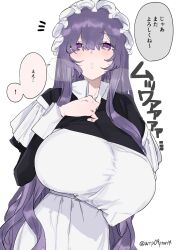 Rule 34 | 1girl, :o, apron, black dress, breasts, collared dress, colored speech bubble, cowboy shot, dress, eurasia (wtp09ptw14), flipped sidelocks, francoise (eurasia), frilled apron, frilled headwear, frills, hair between eyes, hand up, hat, highres, huge breasts, long hair, long sleeves, looking at viewer, maid apron, mob cap, original, parted lips, purple eyes, purple hair, simple background, solo, speech bubble, translation request, twitter username, very long hair, wavy hair, white apron, white background, white hat