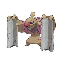 artist_request black_sclera closed_mouth colored_sclera conkeldurr full_body gen_5_pokemon holding muscular nintendo official_art pokemon pokemon_(creature) pokemon_bw pokemon_focus red_nose simple_background smile solo standing stone_pillar third-party_source veins white_background white_eyes
