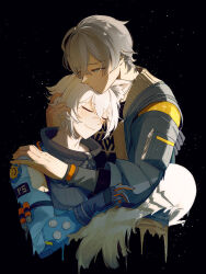 2boys 5005910z animal_ear_fluff animal_ears black_background black_shirt blush closed_mouth commentary_request cropped_torso crossed_bangs gloves grey_hair hair_between_eyes hand_on_another&#039;s_head hand_on_another&#039;s_shoulder highres jacket long_sleeves looking_at_another looking_down male_focus multiple_boys open_clothes open_jacket popped_collar print_shirt seth_lowell shirt short_hair smile tail turtleneck unzipped white_hair wise_(zenless_zone_zero) yaoi zenless_zone_zero zipper zipper_pull_tab