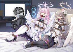 Rule 34 | 1boy, 2girls, 463 jun, arms behind back, ball gag, bed, black pantyhose, black shoes, blue archive, blush, bound, bound ankles, bound legs, breasts, brown eyes, chair, chinese commentary, commentary, commission, computer keyboard, doodle sensei (blue archive), feathered wings, gag, grey hair, high heels, highres, large breasts, long hair, mika (blue archive), milking machine, monitor, multiple girls, nagisa (blue archive), nipple cutout, nipples, one eye closed, pantyhose, pink hair, school uniform, sensei (blue archive), serafuku, shibari, shoes, sitting, vibrator cord, white pantyhose, white shoes, white wings, wings