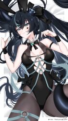 1girl animal_ears arm_strap ayanari_(vtuber) bed_sheet black_bow black_bowtie black_horns black_leotard black_wrist_cuffs blue_brooch bow bowtie breasts broken_horn brooch closed_mouth collar commission cross eyelashes facial_mark grey_collar grey_eyes grey_hair hair_bow heart heart_brooch heart_facial_mark highres horns indie_virtual_youtuber jewelry k_(art71) leotard long_hair lying multicolored_hair o-ring on_back pantyhose playboy_bunny rabbit_ears sheet_grab skeb_commission solo streaked_hair twintails virtual_youtuber wrist_cuffs