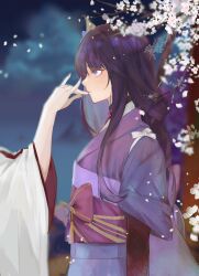 2girls blunt_bangs blurry blurry_background bow braid bridal_gauntlets closed_mouth cloud cloudy_sky commentary couple depth_of_field english_commentary falling_petals fox_shadow_puppet from_side genshin_impact hair_ornament highres japanese_clothes kimono long_braid long_hair long_sleeves multicolored_hair multiple_girls neck_ribbon night night_sky official_alternate_costume out_of_frame outdoors petals pink_nails purple_eyes purple_hair purple_kimono raiden_shogun red_ribbon red_sash ribbon sash short_sleeves single_braid sky standing streaked_hair tree upper_body wide_sleeves y0ru5an yae_miko yuri