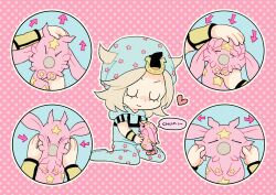 1boy absurdres armband blonde_hair chibi closed_eyes heart highres johnny_joestar jojo_no_kimyou_na_bouken m_a_a_m_8 pink_background polka_dot polka_dot_background speech_bubble steel_ball_run tusk_(stand) tusk_act1 yellow_armband