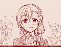 1girl blazer blush bow bowtie braid collared_shirt commentary crown_braid dated diagonal-striped_bow diagonal-striped_bowtie diagonal-striped_clothes floral_background grin hashtag-only_commentary jacket long_hair looking_at_viewer love_live! love_live!_school_idol_project otonokizaka_school_uniform pas_(paxiti) portrait red_theme school_uniform shirt single_braid smile solo striped_clothes tegaki_draw_and_tweet tojo_nozomi twitter_username winter_uniform