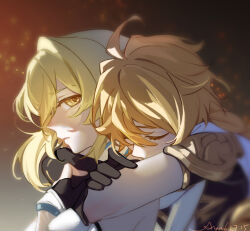 Rule 34 | 1boy, 1girl, aether (genshin impact), ahoge, arm armor, black gloves, blonde hair, blurry, blurry background, brother and sister, brown shirt, closed eyes, commentary request, dated, dress, genshin impact, gloves, hug, hug from behind, ljayu, looking to the side, lumine (genshin impact), partially fingerless gloves, scarf, shirt, short hair with long locks, siblings, white dress, yellow eyes