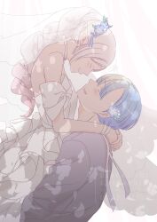 Rule 34 | 1boy, 1girl, absurdres, alternate costume, alternate hairstyle, arms around neck, blue flower, blue hair, blue nails, blush, choker, closed eyes, closed mouth, commentary request, couple, detached sleeves, dress, drill hair, earrings, eyelashes, facing another, fingernails, floating earrings, flower, frieren, frilled dress, frills, hair flower, hair ornament, happy, hetero, highres, himmel (sousou no frieren), hug, jewelry, kanzashi, lifting person, long hair, mole, mole under eye, parted lips, ribbon, sachinyopo, short hair, sideways mouth, simple background, smile, sousou no frieren, standing, teardrop earrings, upper body, veil, watermark, wedding, wedding dress, white background, white choker, white dress, white hair, white ribbon, white veil, wrist ribbon