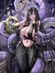 1girl antlers asymmetrical_horns azur_lane bare_shoulders black_dress black_hair breast_curtains breasts chain cleavage commentary_request covered_erect_nipples deer_antlers dress golden_hind_(azur_lane) hisin horns huge_breasts large_breasts long_hair looking_at_viewer mole mole_under_mouth navel open_mouth purple_eyes smile solo tentacles tongue very_long_hair watermark