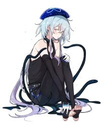 Rule 34 | 1boy, aqua hair, arknights, azuma shino, black leggings, black shirt, black shorts, blue headwear, blush, detached sleeves, earrings, feet together, gloves, gradient hair, hair between eyes, hat, highres, infection monitor (arknights), jewelry, leggings, long hair, looking back, male focus, mizuki (arknights), multicolored hair, neckerchief, on floor, pink eyes, purple hair, shirt, shorts, sleeveless, sleeveless shirt, tentacles, trap, white background