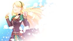 1girl blonde_hair closed_eyes dress fate/grand_order fate_(series) female_focus gerda_(fate) hairband happy highres jewelry long_dress long_hair long_sleeves necklace petals ponita smile solo