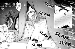 1girl blush completely_nude english_text greyscale heart hetero holding_another&#039;s_arm monochrome motion_lines nude open_mouth original orinze pinned prone_bone rape restrained sex sex_from_behind spoken_heart sweat tears twintails