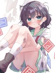 1girl black_hair boots brown_boots bruise collared_shirt crying defeat dirty dirty_clothes green_eyes hat highres injury knees_up murasa_minamitsu point_item_(touhou) pout power_item_(touhou) shirt short_sleeves shorts socks solo streaming_tears tears torn_clothes torn_shirt torn_shorts torn_socks touhou white_background white_hat white_shirt white_shorts white_socks ww333v