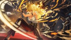1girl arm_strap bare_shoulders black_gloves black_horns black_pants blonde_hair breasts cleavage commentary curled_horns daniel_deng gloves greatsword hair_between_eyes highres holding holding_sword holding_weapon horns large_breasts long_hair looking_at_viewer mole mole_on_breast necktie necktie_around_wrists pants red_eyes red_necktie shirt shirt_tucked_in solo sword tacet_discord_(wuthering_waves) weapon white_shirt wuthering_waves zani_(wuthering_waves)