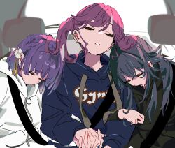 3girls absurdres arm_hug atenaba black_hair black_hoodie car_interior closed_eyes ear_piercing gakuen_idolmaster hataya_misuzu highres holding_hands hood hoodie idolmaster interlocked_fingers kaya_rinha long_sleeves multiple_girls open_mouth parted_lips piercing purple_hair seatbelt tsukimura_temari twintails white_hoodie yuri