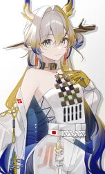 1girl absurdres arknights bare_shoulders belt blonde_hair blue_hair closed_mouth colored_extremities commentary cowboy_shot dragon_girl dragon_horns earrings gradient_background green_eyes grey_background grey_hair hair_between_eyes hair_intakes hand_on_own_chest highres horns jacket jewelry light_smile long_hair long_sleeves looking_at_viewer multicolored_hair necklace nishimiya_aki off_shoulder pointy_ears shu_(arknights) solo standing strapless tube_top white_background white_belt white_jacket white_tube_top