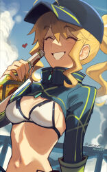 1girl ahoge artoria_pendragon_(fate) baseball_cap beer_bottle bikini blonde_hair blue_hat blue_shrug blue_sky boa_(brianoa) breasts cleavage closed_eyes fate/grand_order fate_(series) grin hat long_hair long_sleeves medium_breasts mysterious_heroine_xx_(fate) navel ponytail shrug_(clothing) sidelocks sky smile solo swimsuit variant_set white_bikini