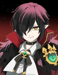 Rule 34 | 1boy, black background, black bow, black bowtie, black choker, black hair, bow, bowtie, buttons, choker, closed mouth, collared shirt, commentary request, datenshi no fu, despair god morroc, fur collar, green brooch, hair between eyes, hair over one eye, highres, long bangs, looking at viewer, male focus, pointy ears, ragnarok masters, ragnarok online, shirt, short hair, simple background, smile, solo, upper body, variant set, white shirt, yellow eyes