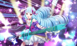 1girl animal_ear_fluff animal_ears arm_wrap artist_request blue_hair blunt_bangs bow bubble_skirt choker concert cowboy_shot delmin_(show_by_rock!!) demon_tail dress drill_hair electric_guitar frilled_choker frilled_skirt frilled_sleeves frills from_above guitar hair_bow hand_up holding holding_guitar holding_instrument horns instrument legs_apart long_hair looking_at_viewer official_art open_mouth outstretched_arm puffy_short_sleeves puffy_sleeves purple_dress purple_horns purple_nails red_eyes salute short_sleeves show_by_rock!! skirt smile solo sparkle stage stage_lights standing star_(symbol) tail third-party_source twin_drills two-finger_salute waist_bow white_choker white_skirt wrist_cuffs