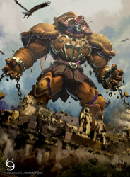 1boy absurdres andybelzark ankh armor belt bird bound bound_wrists breath chain cloud debris duel_monster eagle exodia_the_forbidden_one giant helmet highres male_focus outdoors pauldrons red_eyes rock ruins shoulder_armor skirt sky solo standing statue teeth tree yu-gi-oh!