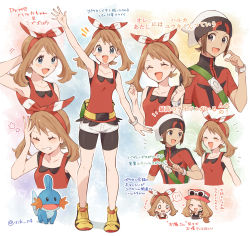 0_0 1boy 2girls :d arm_up artist_name backpack bag beanie bike_shorts blush bow_hairband bracelet brendan_(pokemon) brown_hair clenched_hands closed_eyes collarbone commentary_request eyelashes gen_3_pokemon green_bag hairband hand_up hands_up hat heart highres jacket jewelry may_(pokemon) mudkip multiple_girls nintendo notice_lines open_mouth outline parted_lips pointing pokemon pokemon_(creature) pokemon_masters_ex pokemon_oras pokemon_xy red_hairband red_shirt serena_(pokemon) shirt shoes short_sleeves shorts sleeveless sleeveless_shirt smile standing star_(symbol) sunglasses tongue translation_request white-framed_eyewear white_headwear white_shorts yairo_(sik_s4) yellow_shoes zipper_pull_tab |d