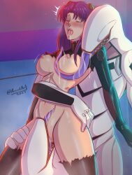 1girl absurdres accidart blush bodysuit breasts closed_eyes cunnilingus dated functionally_nude gainax highres katsuragi_misato licking licking_breast long_hair mass_production_eva mecha_pilot_suit medium_breasts monster narrow_waist neon_genesis_evangelion nipples open_mouth oral plugsuit_(evangelion) purple_hair rape saliva signature teeth tongue tongue_out torn_bodysuit torn_clothes trembling