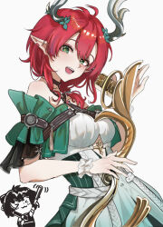 1girl absurdres black_choker breasts chinese_commentary choker ciaccona_(wuthering_waves) commentary_request dress female_rover_(wuthering_waves) frilled_wrist_cuffs frills green_eyes green_jacket grey_background highres holding holding_microphone jacket large_breasts looking_at_viewer medium_hair microphone minglu_(gululu) open_mouth pointy_ears red_hair rover_(wuthering_waves) simple_background smile solo tree_horns upper_body white_dress white_wrist_cuffs wrist_cuffs wuthering_waves