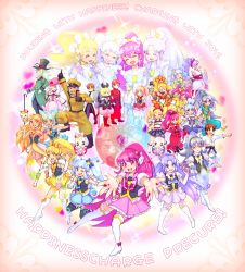 10s 6+boys 6+girls :d aino_megumi alternate_form antennae arabian_clothes beret black_gloves blonde_hair blue_(happinesscharge_precure!) blue_eyes blue_hair blue_skirt blush boots bow bow-shaped_hair brooch brown_eyes brown_hair cheerleader choker cone_hair_bun crown cure_fortune cure_fortune_(anmitsu_komachi) cure_fortune_(innocent_form) cure_fortune_(pine_arabian) cure_honey cure_honey_(coconut_samba) cure_honey_(innocent_form) cure_honey_(popcorn_cheer) cure_lovely cure_lovely_(cherry_flamenco) cure_lovely_(innocent_form) cure_lovely_(lollipop_hip_hop) cure_mirage cure_princess cure_princess_(innocent_form) cure_princess_(macadamia_hula_dance) cure_princess_(sherbet_ballet) cure_sunset cure_tender cure_wave detached_sleeves double_bun dress earrings elbow_gloves english_text everyone eyelashes flower formal_clothes fortune_tambourine frills gloves gold_crown green_eyes green_hair gurasan_(happinesscharge_precure!) haidoro hair_bow hair_bun hair_flower hair_ornament hair_ribbon happinesscharge_precure! hat heart heart_brooch heart_hair_bun heart_hair_ornament highres hikawa_iona hikawa_maria hosshiwa innocent_form_(happinesscharge_precure!) japanese_clothes jewelry knee_boots long_hair looking_at_viewer magical_girl multiple_boys multiple_girls namakeruda ohana_(happinesscharge_precure!) oomori_yuuko open_mouth orange_hair oresky orina_(happinesscharge_precure!) outstretched_arms pants pantyhose phanphan_(happinesscharge_precure!) phantom_(happinesscharge_precure!) pink_bow pink_eyes pink_hair pink_hat pink_skirt ponytail precure purple_eyes purple_hair queen_mirage red_(happinesscharge_precure!) red_dress red_eyes red_flower red_hair red_rose ribbon ribbon_(happinesscharge_precure!) ringlets rose sagara_seiji samba shirayuki_hime short_hair single_hair_bun skirt smile star_(symbol) star_earrings striped_legwear suit text_focus thighhighs time_paradox top_hat twintails uniform very_long_hair white_gloves white_legwear wide_ponytail wing_brooch wing_earrings wrist_cuffs yellow_eyes yellow_skirt zettai_ryouiki