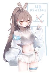 Rule 34 | 1girl, absurdres, alternate costume, anger vein, bikini, black bikini, blowing whistle, brown eyes, brown hair, cowboy shot, crossed bangs, feather hair ornament, feathers, grey shirt, hair ornament, highres, hololive, hololive english, jacket, long hair, looking at viewer, midriff, nanashi mumei, navel, off shoulder, oversized clothes, pleated skirt, pointing, ponytail, see-through clothes, see-through shirt, see-through skirt, shirt, sign, skirt, sleeves past wrists, swimsuit, thigh strap, tied shirt, ty4nak, very long hair, virtual youtuber, wet, whistle, white jacket, white skirt