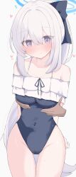 1girl absurdres arms_behind_back blue_archive blue_one-piece_swimsuit blush breasts cameltoe casual_one-piece_swimsuit commentary covered_erect_nipples covered_navel cowboy_shot disembodied_hand frilled_one-piece_swimsuit frills grabbing_another&#039;s_breast grabbing_from_behind grey_hair groin groping halo heart highres light_smile long_hair looking_at_viewer medium_breasts miyako_(blue_archive) miyako_(swimsuit)_(blue_archive) nui_(nuinui0300) official_alternate_costume one-piece_swimsuit ponytail purple_eyes ribbon-trimmed_swimsuit ribbon_trim simple_background solo sweatdrop swimsuit very_long_hair white_background