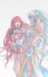 Rule 34 | 2girls, baobhan sith (fate), baobhan sith (swimsuit pretender) (first ascension) (fate), bikini, breasts, destroy for him, fate/grand order, fate (series), holding hands, jacket, looking at another, low twintails, morgan le fay (fate), morgan le fay (water princess) (fate), mother and daughter, multiple girls, navel, open mouth, pink hair, pink skirt, ponytail, sidelocks, skirt, smile, swimsuit, twintails, white background, white bikini, white hair, white jacket