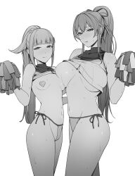 2girls armpit_crease asymmetrical_docking bare_arms bikini blunt_bangs blush breast_press breasts cheerleader clothes_lift collarbone cowboy_shot crop_top embarrassed furen_e_lustario greyscale hair_ornament hair_ribbon heart_pasties highres holding holding_pom_poms large_breasts lize_helesta long_hair long_sidelocks looking_at_viewer makachi_to matching_outfits monochrome multiple_girls navel nijisanji official_alternate_costume pasties pom_pom_(cheerleading) pom_poms ponytail raised_inner_eyebrows ribbon shirt_lift side-tie_bikini_bottom sidelocks simple_background small_breasts standing stomach straight_hair sweat swimsuit underboob very_long_hair virtual_youtuber white_background