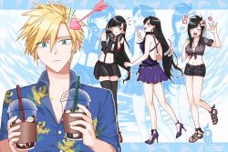 Rule 34 | 1boy, 1girl, arrow (projectile), bare legs, bare shoulders, black gloves, black hair, black skirt, black thighhighs, blonde hair, blue eyes, blue shirt, blush, breasts, chocobo, closed mouth, cloud strife, cloud strife (ocean chocobo), couple, crescent, crescent earrings, crop top, cup, disposable cup, dress, drinking straw, earrings, final fantasy, final fantasy vii, final fantasy vii rebirth, final fantasy vii remake, fingerless gloves, flower, full body, gloves, gold earrings, hair flower, hair ornament, hand up, heart, heart arrow, high heels, holding, holding cup, jewelry, long hair, looking at viewer, low-tied long hair, medium breasts, midriff, miniskirt, multiple views, navel, official alternate costume, official alternate hairstyle, one eye closed, open mouth, print shirt, purple dress, purple footwear, red eyes, red footwear, shirt, short hair, short shorts, shorts, single earring, skirt, smile, spiked hair, standing, suspender skirt, suspenders, swept bangs, syllebl0ss0m, tank top, thighhighs, tied shirt, tifa lockhart, tifa lockhart (majestic glamour), tifa lockhart (refined dress), toeless footwear, upper body, waving, white tank top, zettai ryouiki