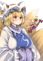 Rule 34 | 3girls, animal hat, blonde hair, blue tabard, blush, bow, breasts, brown eyes, chen, chibi, chibi inset, closed mouth, commentary request, dress, fox tail, gap (touhou), hands in opposite sleeves, hat, highres, large breasts, long sleeves, meji aniki, mob cap, multiple girls, multiple tails, nose blush, red bow, short hair, small sweatdrop, solo focus, tabard, tail, touhou, upper body, white background, white dress, white hat, yakumo ran, yakumo yukari