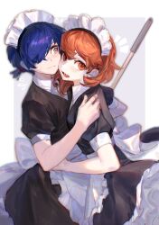 1boy 1girl apron back_ribbon black_dress blue_hair blush border brown_eyes brown_hair cheek-to-cheek closed_mouth collared_shirt commentary_request cowboy_shot crossdressing dress earrings flipped_hair flying_sweatdrops frilled_apron frilled_hairband frills grey_eyes hair_over_one_eye hairband hand_on_another&#039;s_shoulder heads_together highres jewelry looking_at_another looking_at_viewer low_twintails maid maid_apron maid_headdress notice_lines official_alternate_costume open_mouth outside_border persona persona_3 persona_3:_dancing_moon_night persona_dancing puffy_short_sleeves puffy_sleeves rrrrrrrrrrrou1 shirt short_hair short_sleeves stud_earrings sweatdrop takeba_yukari twintails white_apron white_border white_hairband white_shirt yuuki_makoto_(persona_3)