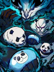 1boy 3ch_graphics animal_ears bara black_fur chibi closed_mouth fangs fighting_stance furry furry_male highres horns incoming_attack incoming_punch jujutsu_kaisen looking_at_viewer multicolored_fur multiple_views panda_(jujutsu_kaisen) panda_boy panda_ears punching white_fur