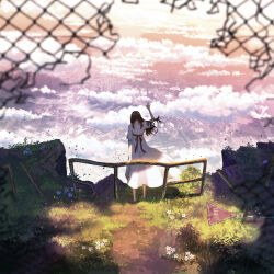 1girl black_hair broken_fence brown_hair chain-link_fence city cloud day dress fence flower from_behind grass hand_up hill long_hair original outdoors railing ruins scenery shuu_illust sign sky solo standing white_dress