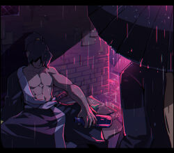 2boys abs black_coat black_hair black_kimono coat fifteen_(katana_zero) flaw_eight hadanugi_dousa high_ponytail japanese_clothes katana_zero kimono medium_hair multiple_boys neon_lights open_clothes open_kimono pectorals pink_theme ponytail rain stone_wall umbrella wall zero_(katana_zero)