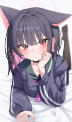 1girl absurdres animal_ears ascot black_choker black_hair black_jacket black_pantyhose blue_archive blunt_ends blush cat_ears cat_girl choker closed_mouth colored_inner_animal_ears colored_inner_hair extra_ears green_sailor_collar hair_between_eyes hand_on_own_face highres jacket kazusa_(blue_archive) looking_at_viewer lying multicolored_hair no_shoes on_stomach pantyhose pink_ascot pink_hair sailor_collar short_hair solo sweat two-tone_hair wendao