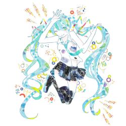 Rule 34 | 1girl, 922pochan, ;), aqua hair, aqua necktie, arm up, bare arms, bare shoulders, black boots, black skirt, boots, breasts, collared shirt, commentary, green eyes, hair between eyes, hand up, hatsune miku, highres, holding, holding own hair, jumping, long hair, masking tape (medium), midriff peek, mixed media, necktie, one eye closed, shirt, sidelocks, skirt, sleeveless, sleeveless shirt, small breasts, smile, solo, split mouth, thigh boots, thighhighs, thighs, traditional media, twintails, unconventional media, very long hair, vocaloid, white background, white shirt, zettai ryouiki