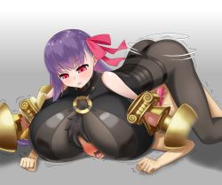 1boy 1girl 20s absurdres adopolich anal arched_back ass black_bodysuit black_hair blush bodysuit bow breast_smother breasts clothed_female_nude_male collar dildo domination face_to_breasts faceless faceless_male fate/extra fate/extra_ccc fate/grand_order fate_(series) femdom fujimaru_ritsuka_(male) girl_on_top grey_background hetero highres huge_breasts impossible_clothes ip long_hair looking_at_another male_penetrated motion_lines narrow_waist nude o-ring o-ring_top on_floor passionlip_(fate) pegging pink_bow pink_eyes pout pouty_lips prosthesis prosthetic_arm purple_hair sex sex_toy shadow short_hair simple_background skin_tight smother solo_focus strap-on trembling uncensored x-ray