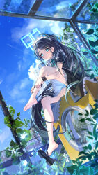 Rule 34 | 1girl, absurdres, apron, aris (blue archive), aris (maid) (blue archive), bare legs, barefoot, black dress, black hair, black shoes, blue archive, blue eyes, blue halo, closed mouth, commentary, dress, dressing, geez, halo, highres, holding, looking at viewer, maid, maid apron, maid headdress, official alternate costume, official alternate hairstyle, ponytail, shoe dangle, shoes, single shoe, sitting, smile, solo, thigh strap, washing machine, white apron