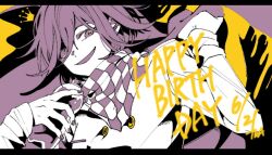 1boy belt black_background bottle buttons cape cape_hold checkered_clothes checkered_scarf commentary commentary_request crown danganronpa_(series) danganronpa_v3:_killing_harmony dated double-breasted dripping english_commentary evil_smile fingernails hair_over_one_eye happy_birthday holding holding_bottle jacket ki_(tka_ic) layered_sleeves letterboxed limited_palette long_sleeves looking_at_viewer mini_crown oma_kokichi open_mouth purple_cape purple_eyes purple_hair purple_nails purple_scarf scarf short_hair sleeves_past_wrists smile soda soda_bottle solo two-tone_scarf upper_body white_belt white_jacket white_scarf wrist_belt yellow_crown
