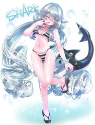 1girl absurdres bikini blue_nails breasts bubble cetacean_tail fins fish_tail flip-flops full_body grey_hair highres long_hair looking_at_viewer medium_breasts nail_polish navel nene_omote rurune_(vrchat) sandals shark_girl shark_tail solo striped_bikini striped_clothes swimsuit tail toenail_polish toenails tongue tongue_out twintails v very_long_hair vrchat yellow_eyes