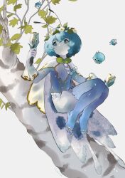 1girl absurdres antennae birch_tree blue_eyes blue_hair blue_pantyhose blue_shirt butterfly_wings capelet closed_mouth fairy fairy_wings flower folded_wings full_body gloves head_wreath highres holding holding_flower insect_wings looking_at_object original pantyhose shieriru shirt short_hair shorts simple_background sitting solo tree tulip white_background white_capelet white_flower white_gloves white_shorts white_tulip white_wings wings