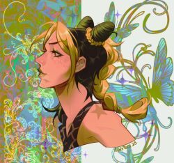1girl birthmark blonde_hair braid braided_ponytail bug bun_with_braided_base butterfly commentary cone_hair_bun cropped_shoulders double_bun eggyboj floral_background green_eyes green_hair green_lips hair_bun highres insect joestar_birthmark jojo_no_kimyou_na_bouken kuujou_jolyne makeup multicolored_hair profile solo sparkle stone_ocean two-tone_hair